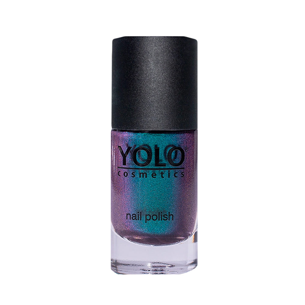 Refect Beauty Yolo Galaxies nail polish in a deep purple and teal multi-dimensional shimmer finish in a glass bottle.