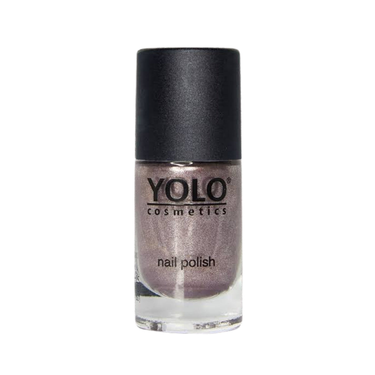 Refect Beauty Yolo glitter nail polish in a shimmering metallic taupe shade with a black cap.