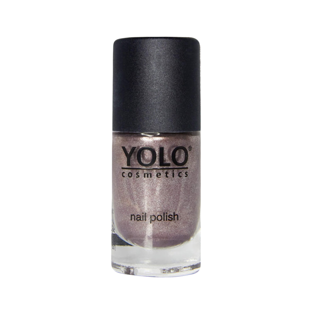 Refect Beauty Yolo glitter nail polish in a shimmering metallic taupe shade in a glass bottle with a black cap.