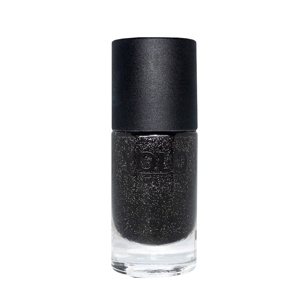 Refect Beauty Yolo black glitter nail polish in a glass bottle with a matte black cap for a sparkling manicure.