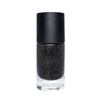 Refect Beauty Yolo black glitter nail polish in a glass bottle with a matte black cap for a sparkling manicure.
