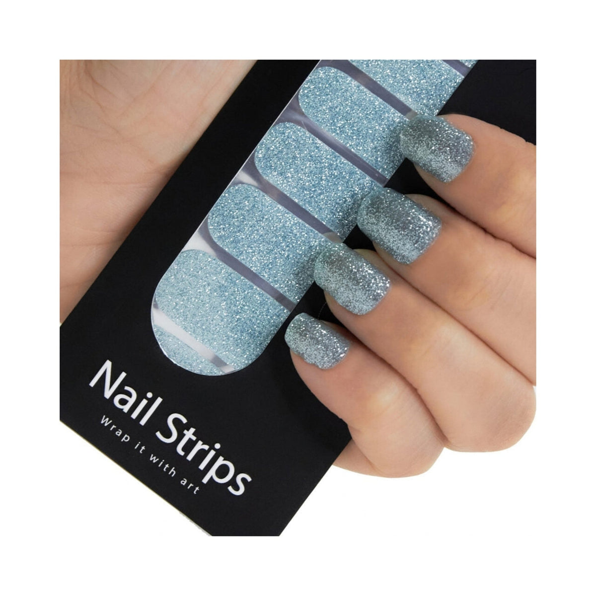 Refect Beauty Yolo glitter nail strips in light blue applied to fingers for a salon-style manicure look.