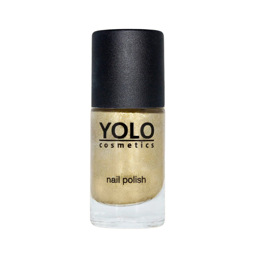 Refect Beauty Yolo gold glitter nail polish in a glass bottle with a black cap, featuring a shimmering metallic finish. Main image
