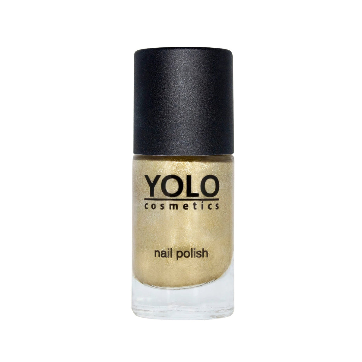Refect Beauty Yolo gold glitter nail polish in a glass bottle with a black cap, offering a shimmering finish.