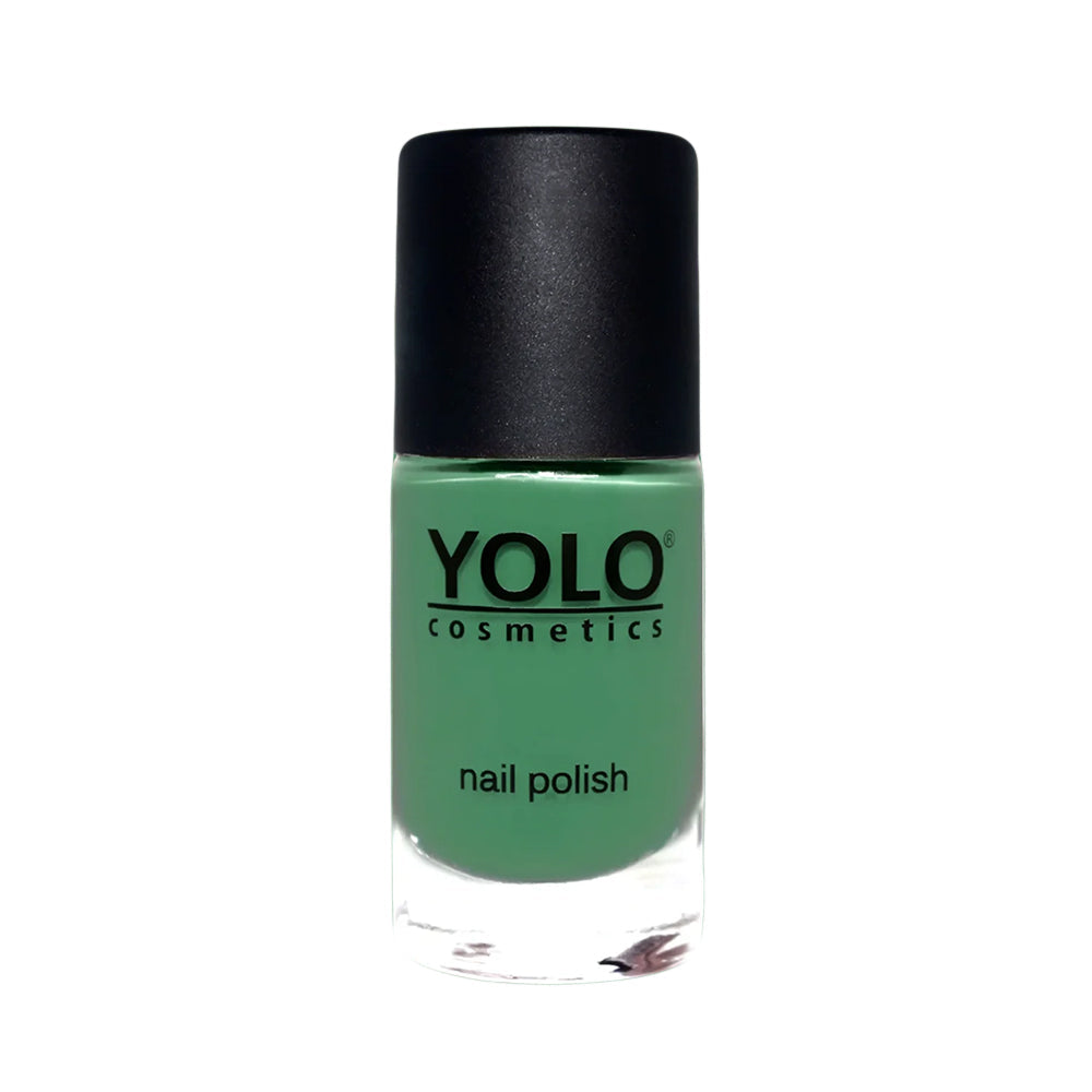 Refect Beauty Yolo Nail Polish in a creamy green shade with a smooth, opaque finish in a glass bottle.