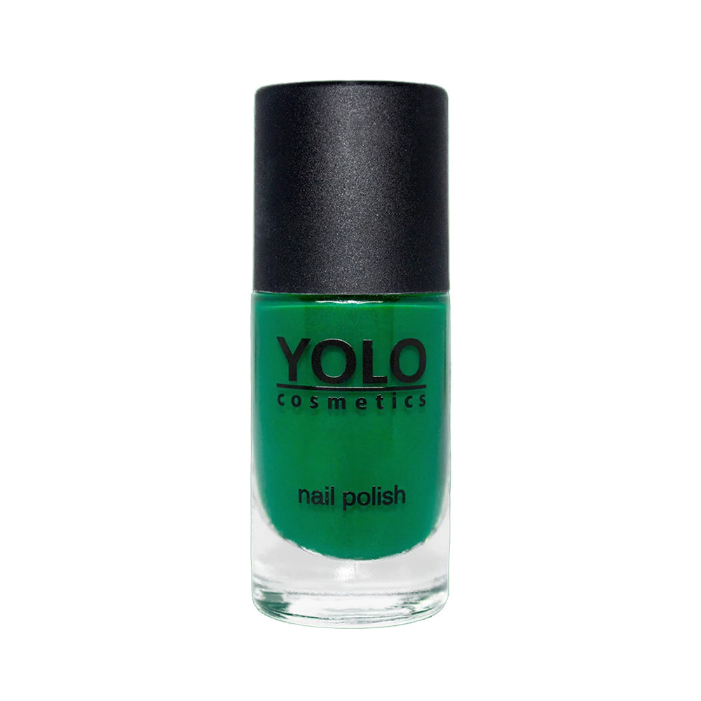 Refect Beauty Yolo Nail Polish in a vibrant green shade with a smooth, creamy, and glossy finish in a glass bottle.