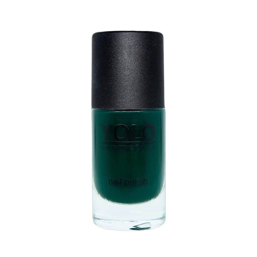 Refect Beauty Yolo Nail Polish in a deep forest green shade with a smooth, glossy creamy finish in a glass bottle.