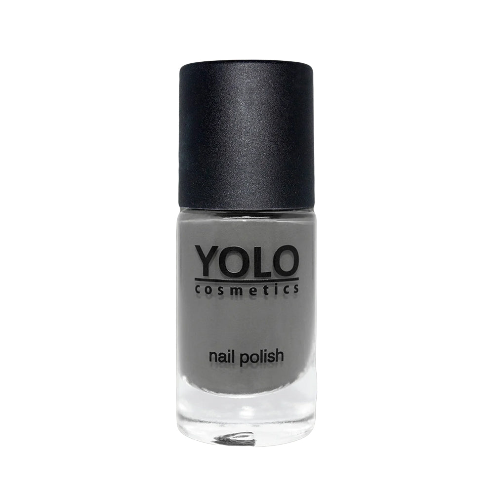 Refect Beauty Yolo Nail Polish in a creamy grey shade with a smooth, glossy finish in a glass bottle.