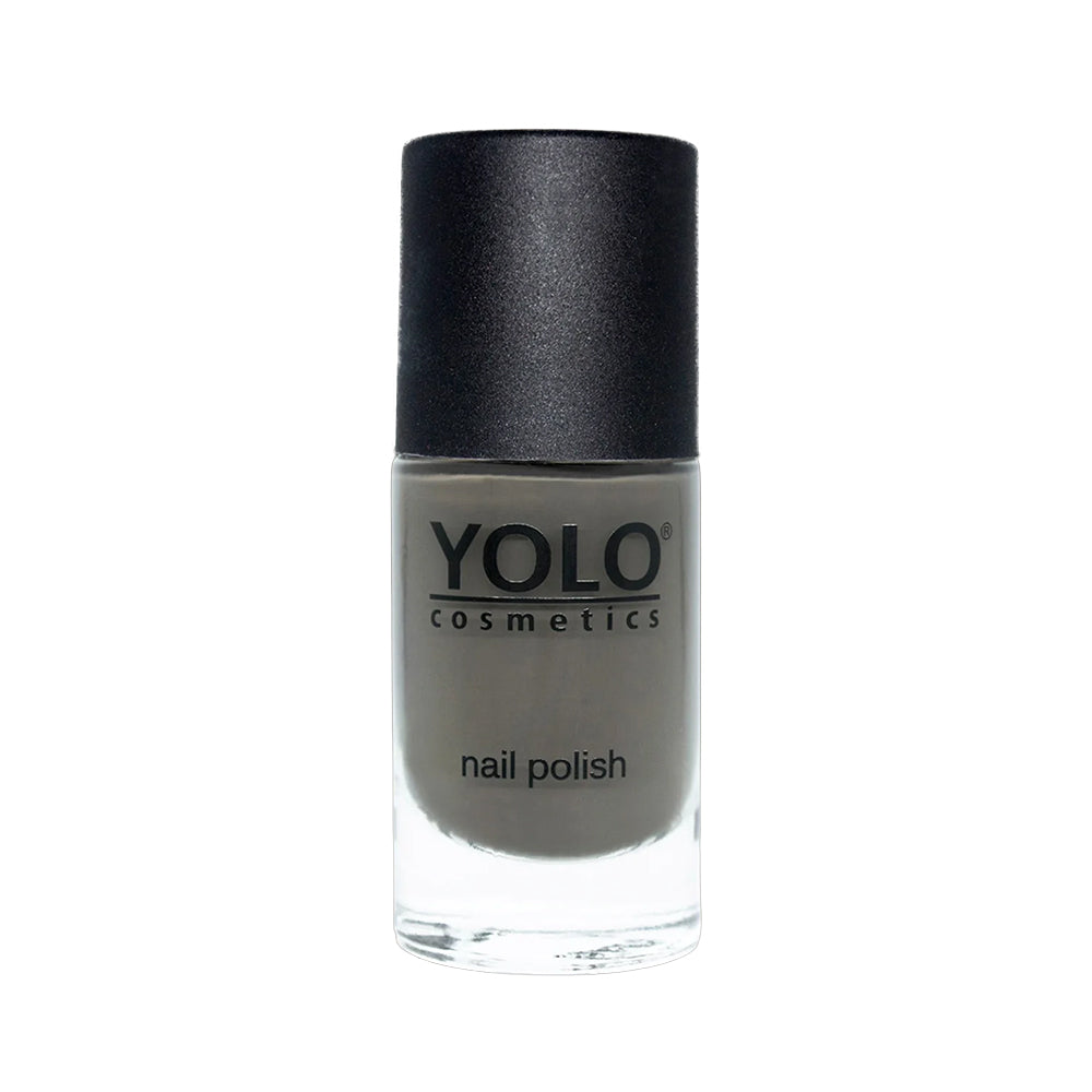 Refect Beauty Yolo Nail Polish in a creamy grey shade with a smooth, opaque finish in a glass bottle.