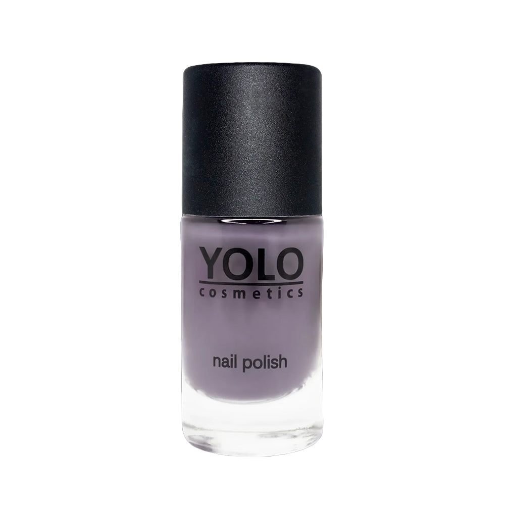 Refect Beauty Yolo Nail Polish in a soft grey creamy shade with a smooth, glossy finish in a glass bottle.