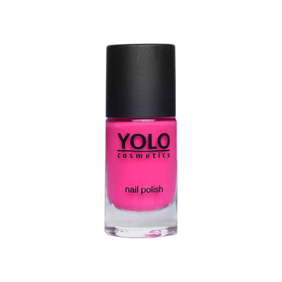 Refect Beauty YOLO nail polish in a vibrant hot pink shade with a high-gloss finish in a glass bottle.