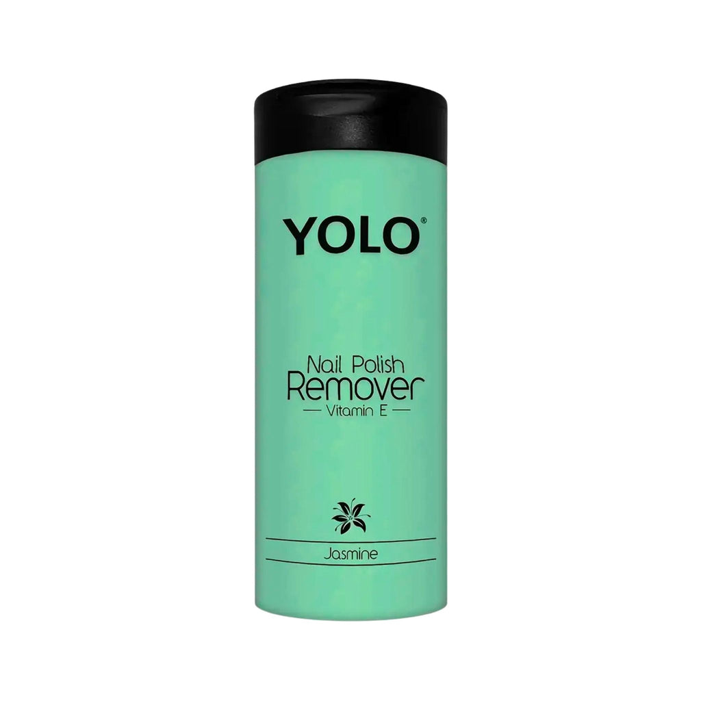 Refect Beauty YOLO jasmine scented nail polish remover bottle with Vitamin E in a light green container.