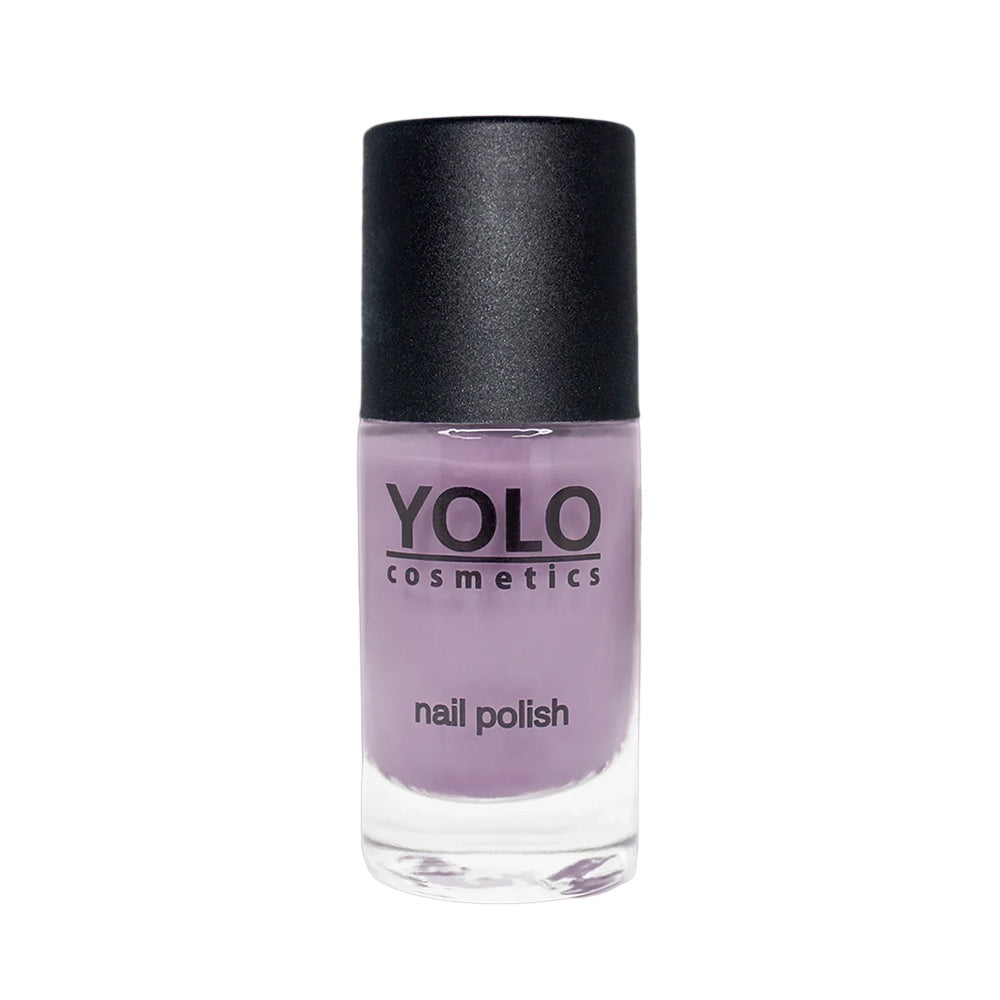 Refect Beauty Yolo shimmer nail polish in a soft lavender purple shade with a black cap in a glass bottle