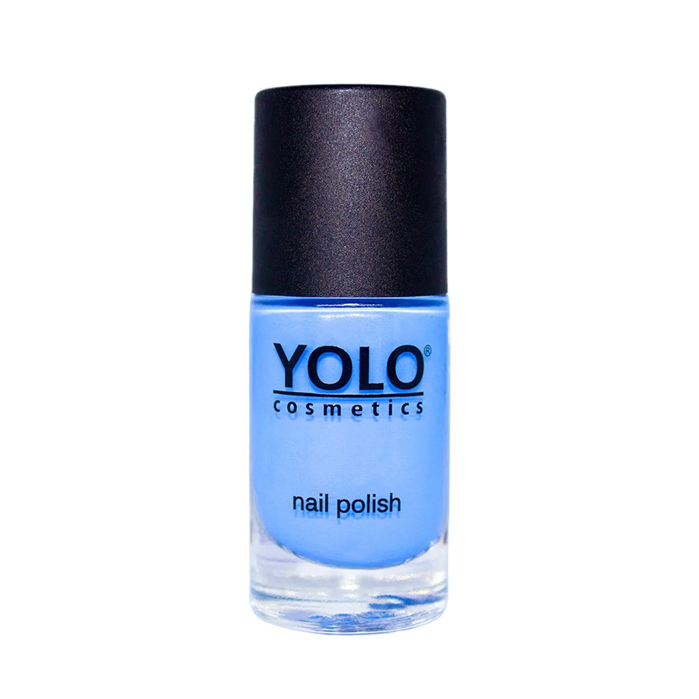 Refect Beauty Yolo light blue shimmer nail polish in a glass bottle with a black cap