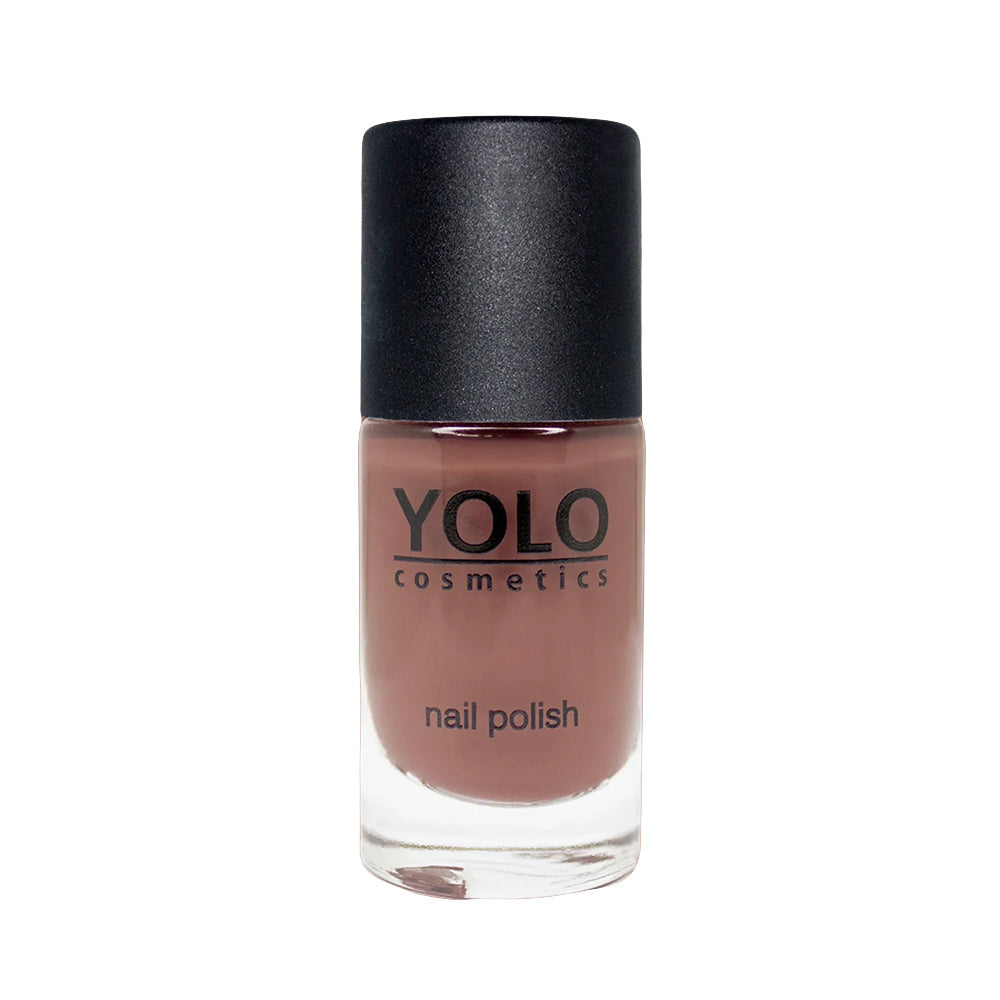 Refect Beauty Yolo Nail Polish in a creamy muted mauve shade with a smooth, glossy finish in a glass bottle.