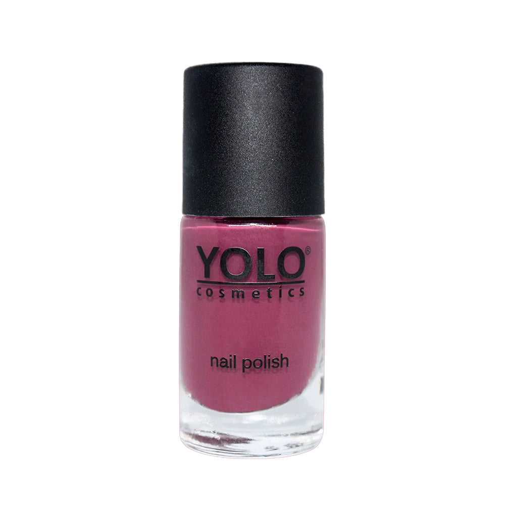 Refect Beauty Yolo Nail Polish in a rich mauve-pink creamy shade with a black cap in a glass bottle.