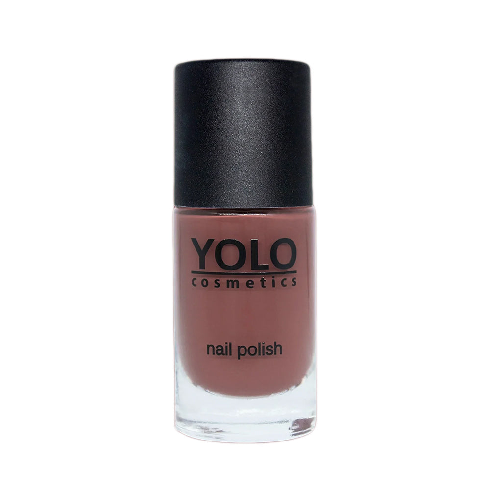 Refect Beauty Yolo creamy nail polish in a dusty rose shade with a smooth, glossy finish in a glass bottle.
