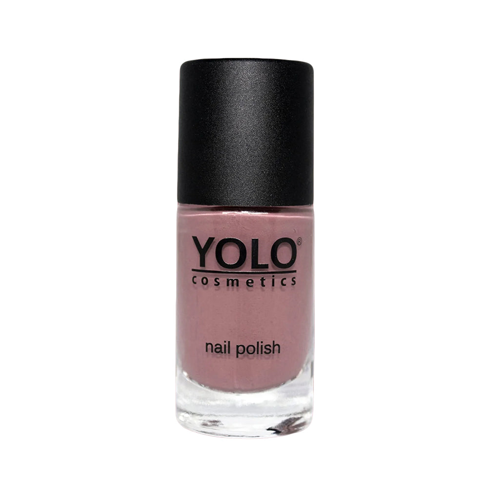 Refect Beauty Yolo Nail Polish Creamy in a dusty rose shade with a smooth glossy finish in a glass bottle.
