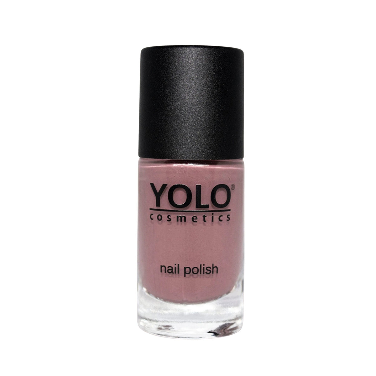 Refect Beauty Yolo Nail Polish in a dusty mauve creamy shade with a black cap in a glass bottle. 205
