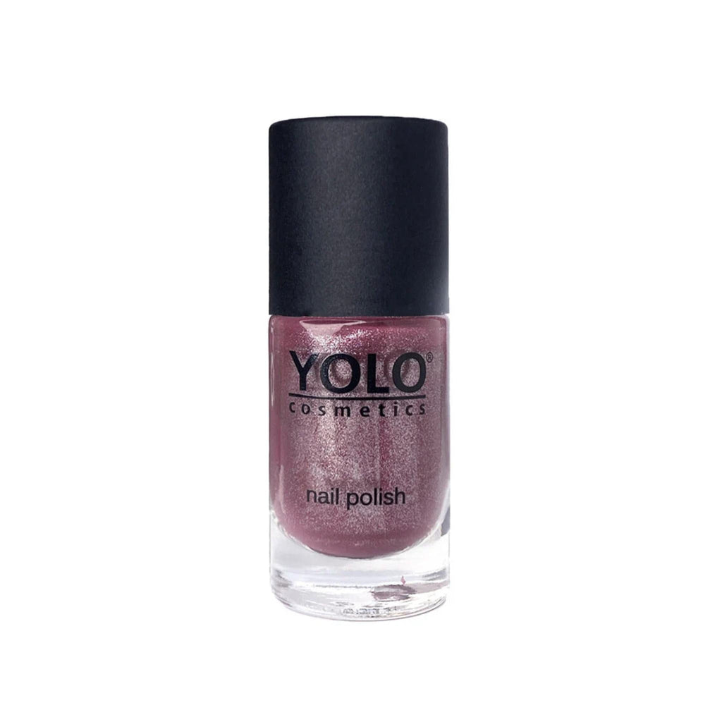 Refect Beauty Yolo nail polish bottle in a shimmering mauve shade with a high-gloss finish and black cap.