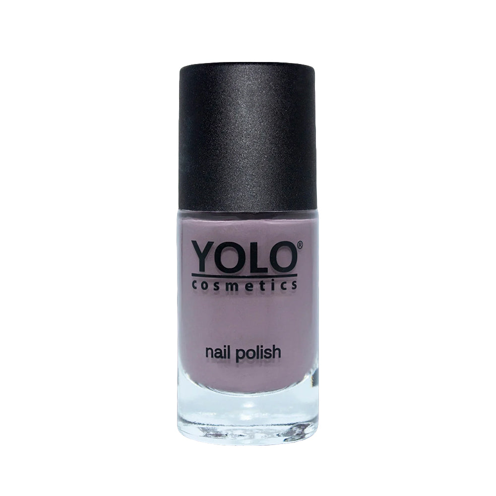 Refect Beauty Yolo Nail Polish in a muted mauve creamy shade with a black cap in a glass bottle.