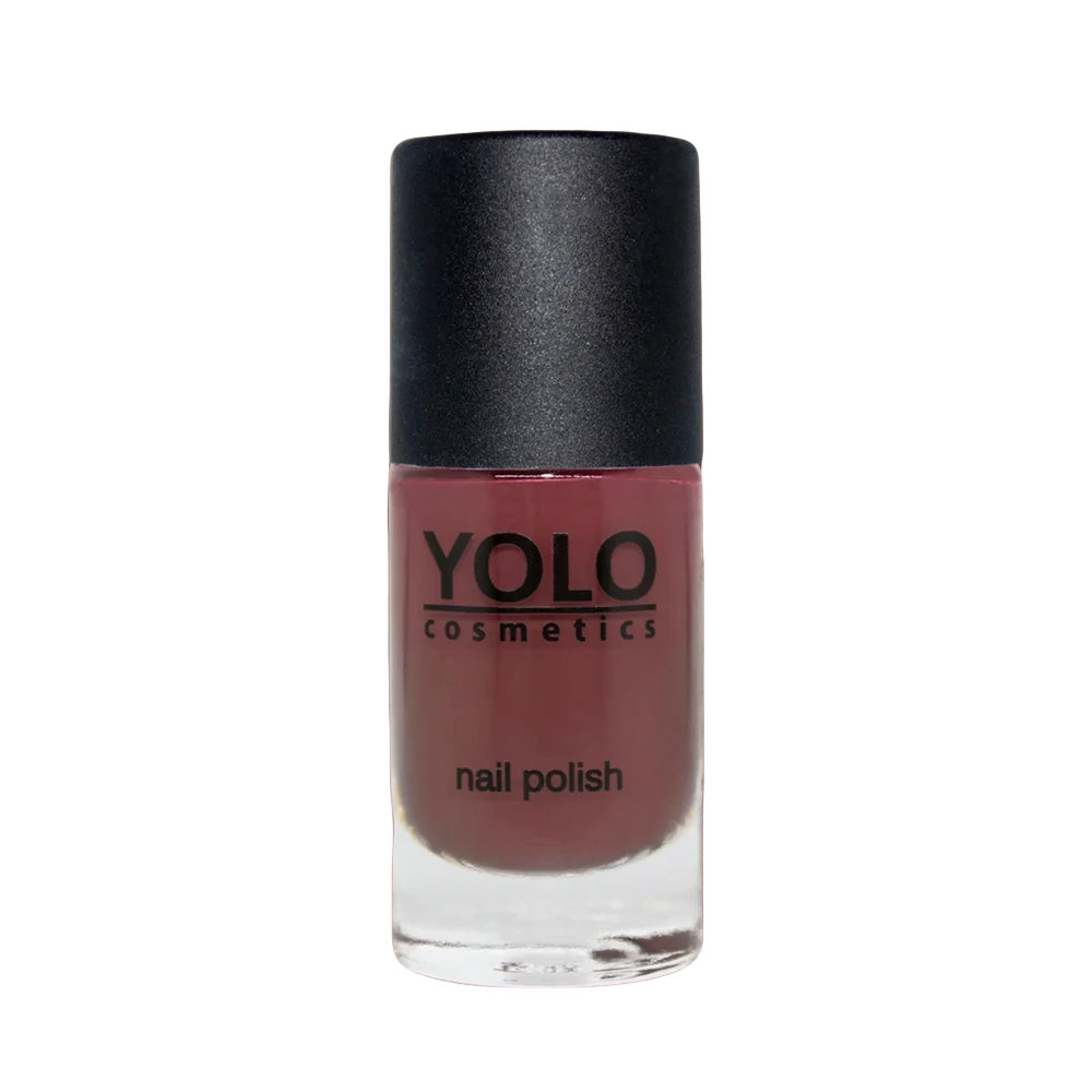 Refect Beauty Yolo Nail Polish Creamy in a deep mauve shade with a smooth, glossy finish in a glass bottle.