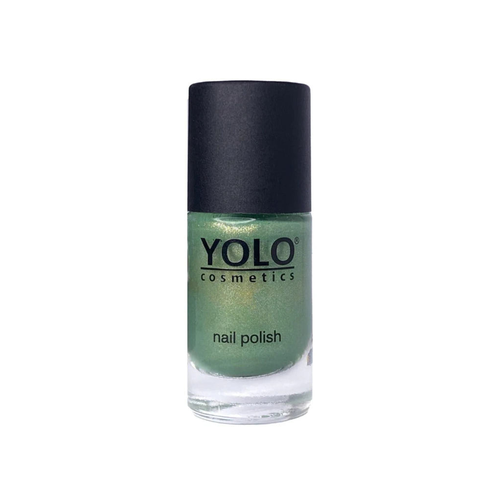 Refect Beauty YOLO nail polish in a shimmering green shade with a high-gloss finish in a glass bottle