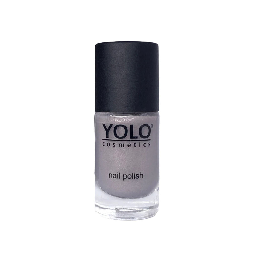 Refect Beauty Yolo nail polish in a shimmering metallic grey shade with a high-gloss finish in a glass bottle.
