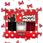 Refect Beauty Yolo Minnie Mouse nail polish set featuring three 10ml bottles in black, white, and red glossy shades.