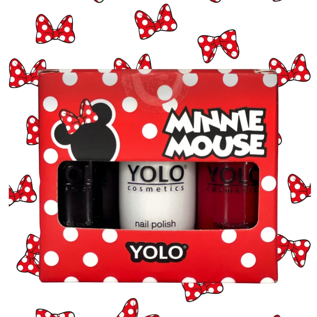 Refect Beauty Yolo Minnie Mouse nail polish set featuring three 10ml bottles in black, white, and red glossy shades.