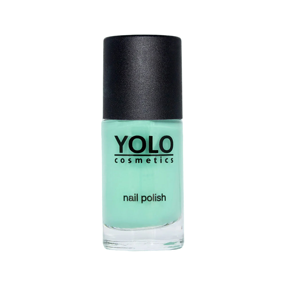 Refect Beauty Yolo Nail Polish in a creamy mint green shade with a smooth, glossy finish in a glass bottle.