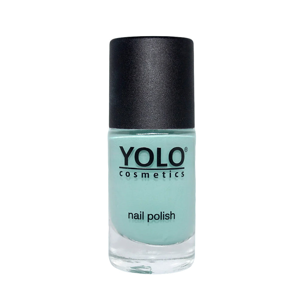 Refect Beauty Yolo Nail Polish in a creamy mint green shade with a smooth, glossy finish in a glass bottle.