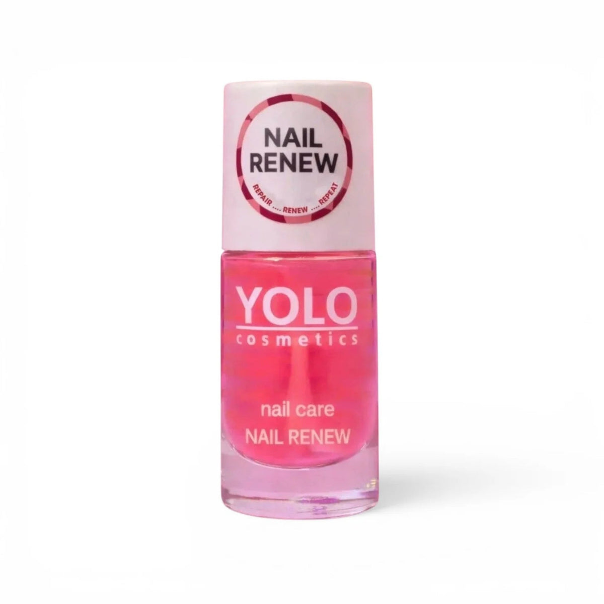 Refect Beauty Yolo Nail Care Renew treatment in a clear pink bottle for strengthening and brightening damaged nails.