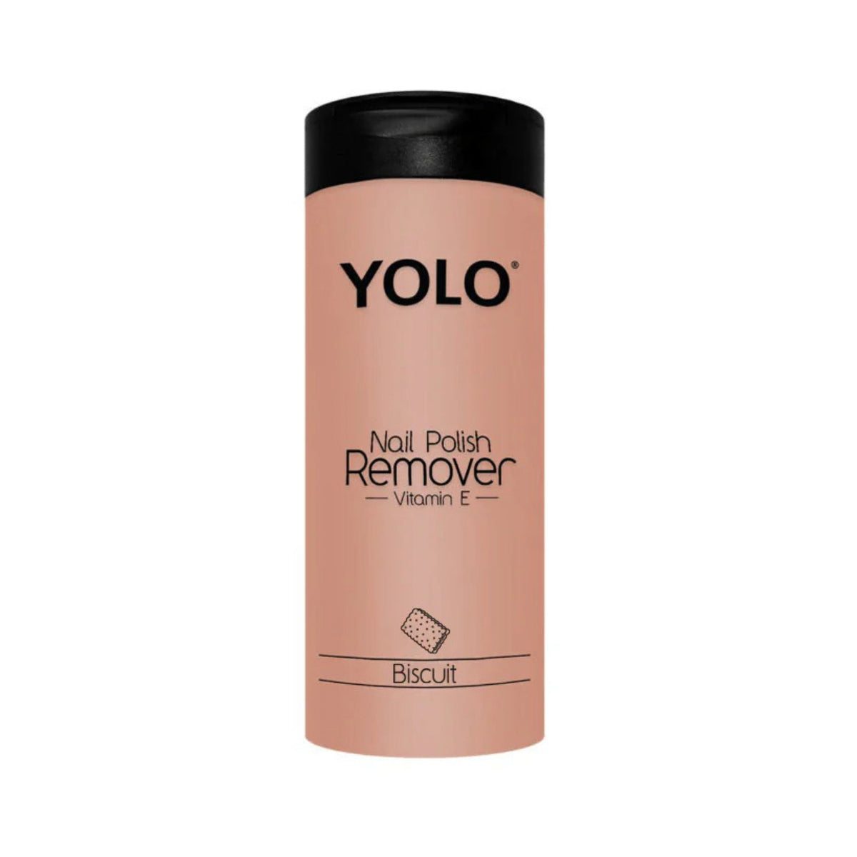 Refect Beauty YOLO nail polish remover in Biscuit scent with Vitamin E in a peach-colored bottle with black cap