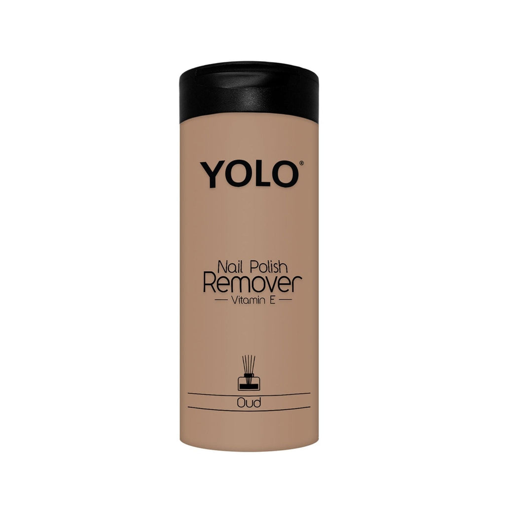 Refect Beauty YOLO nail polish remover bottle in Oud scent, enriched with Vitamin E and castor oil for healthy nails.