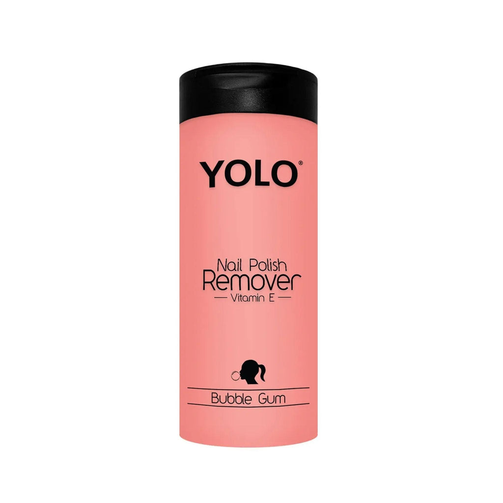 Refect Beauty YOLO bubble gum scented nail polish remover in a pink bottle with vitamin E and castor oil