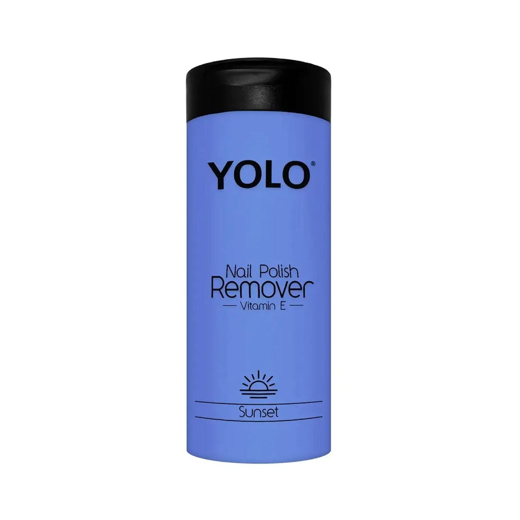 Refect Beauty YOLO nail polish remover bottle in blue with Vitamin E and Sunset fragrance label