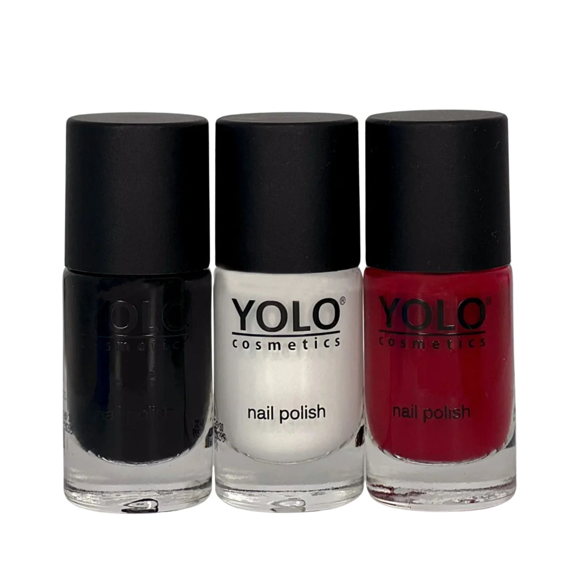 Refect Beauty Yolo Minnie Mouse nail polish set featuring three 10ml bottles in black, white, and red glossy shades. Main image