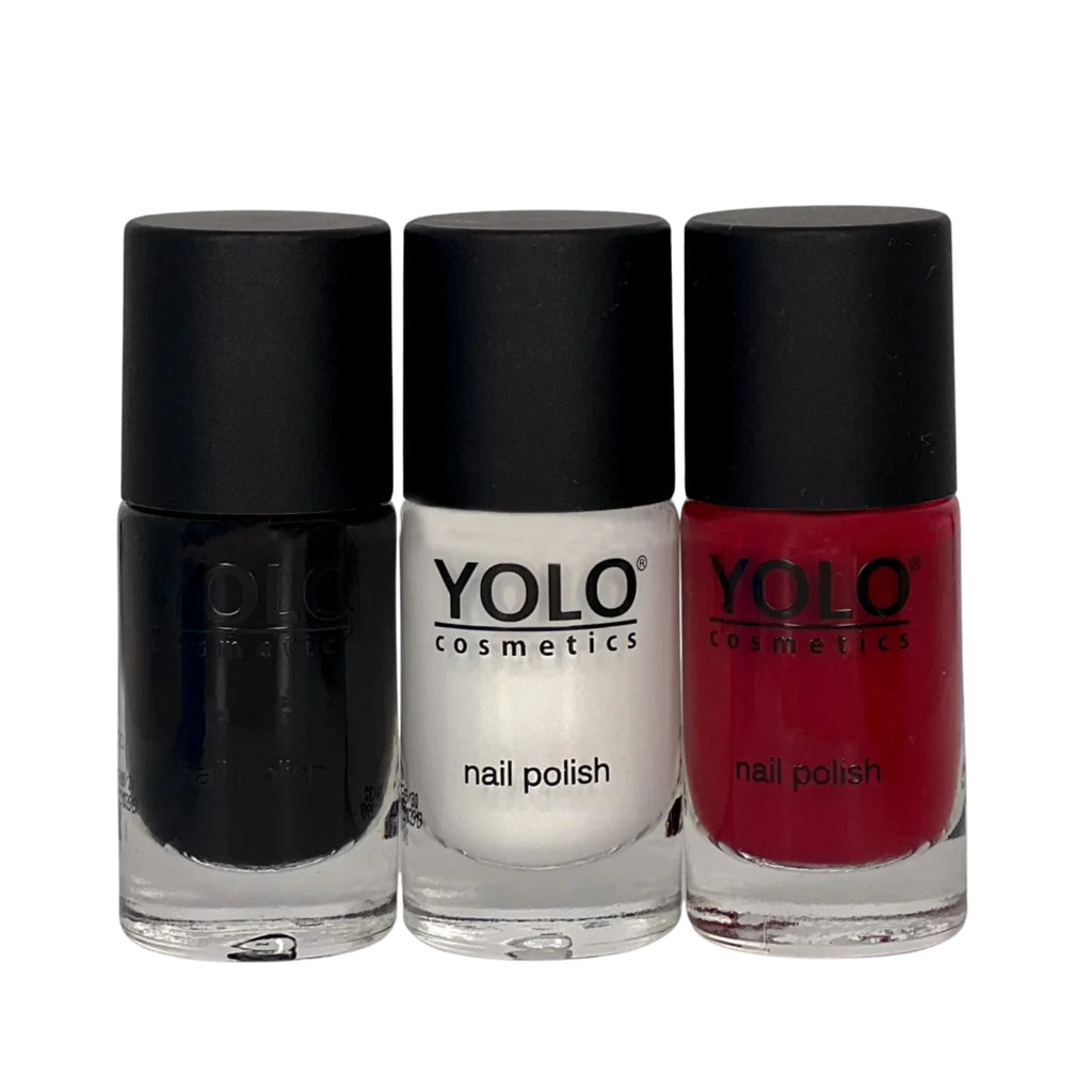 Refect Beauty Yolo Minnie Mouse nail polish set featuring three 10ml bottles in black, white, and red glossy shades.