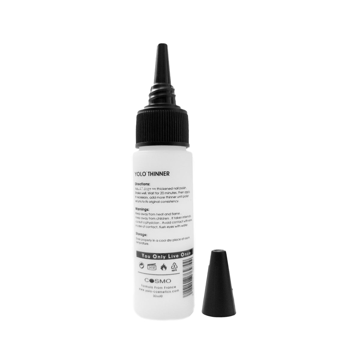 Refect Beauty Yolo nail polish thinner bottle with a black dropper cap and instructions on a white label