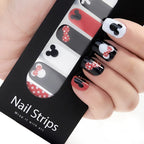 Refect Beauty Yolo nail strips featuring red, black, and white Minnie Mouse inspired polka dot and bow designs.