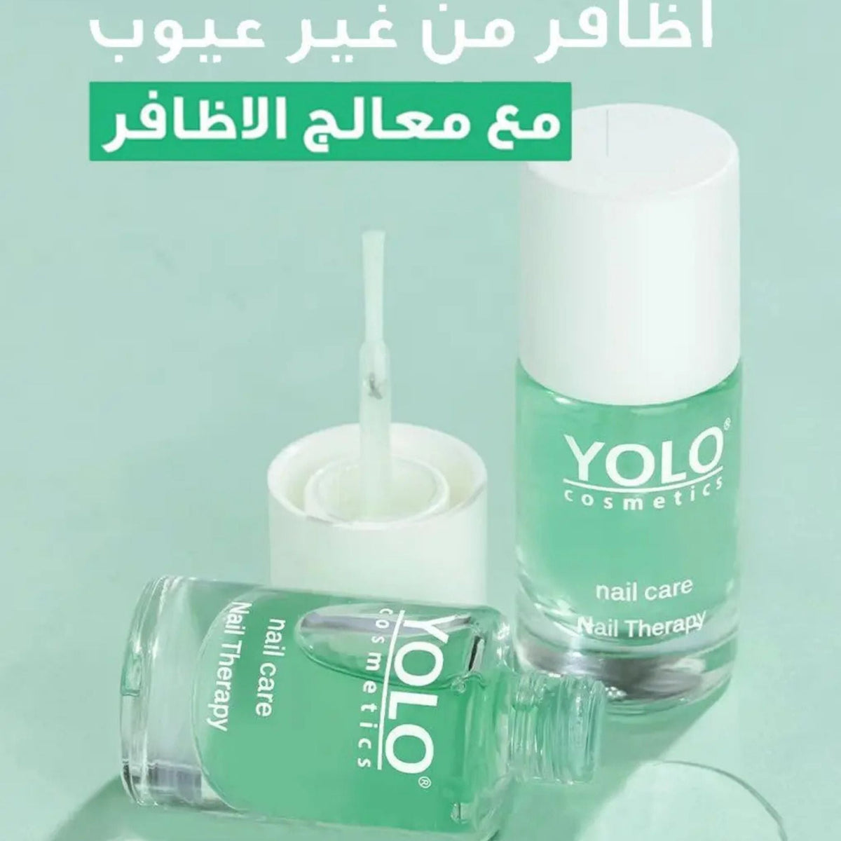 Refect Beauty YOLO Nail Therapy treatment bottles with a light green formula and white cap on a soft green background.