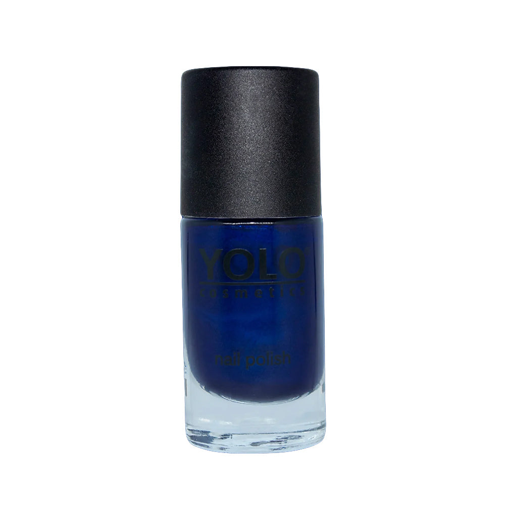 Refect Beauty Yolo pearl nail polish in a deep navy blue shade with a shimmering finish in a glass bottle