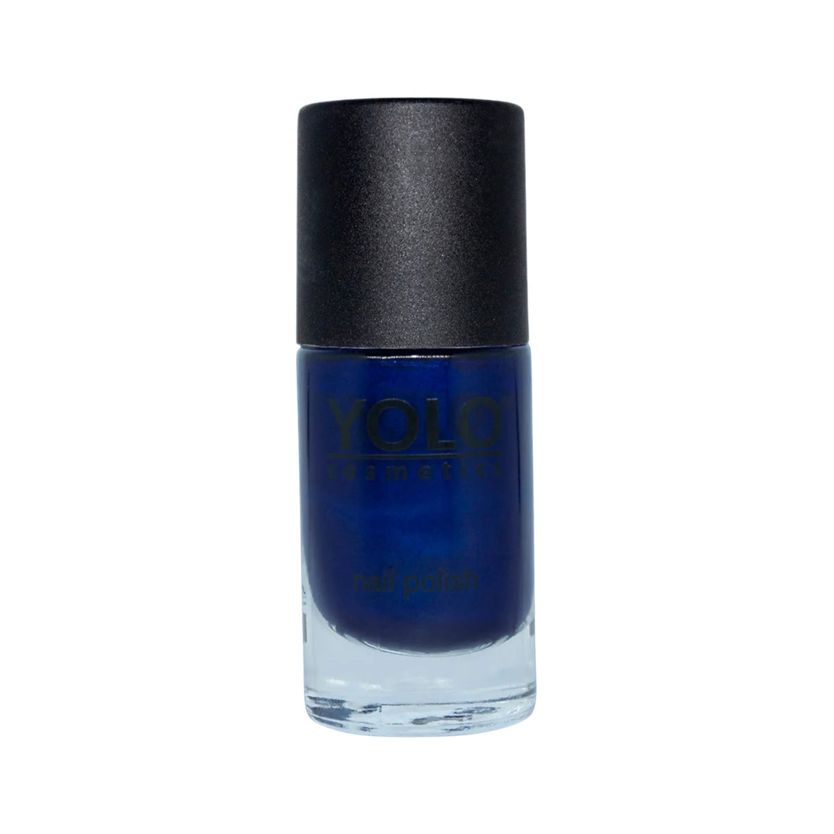 Refect Beauty Yolo pearl nail polish in a deep navy blue shade with a shimmering finish in a glass bottle.
