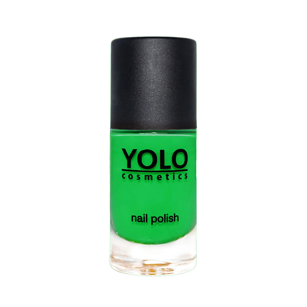Refect Beauty Yolo neon green nail polish in a clear glass bottle with a black cap for a vibrant glossy finish. Main image