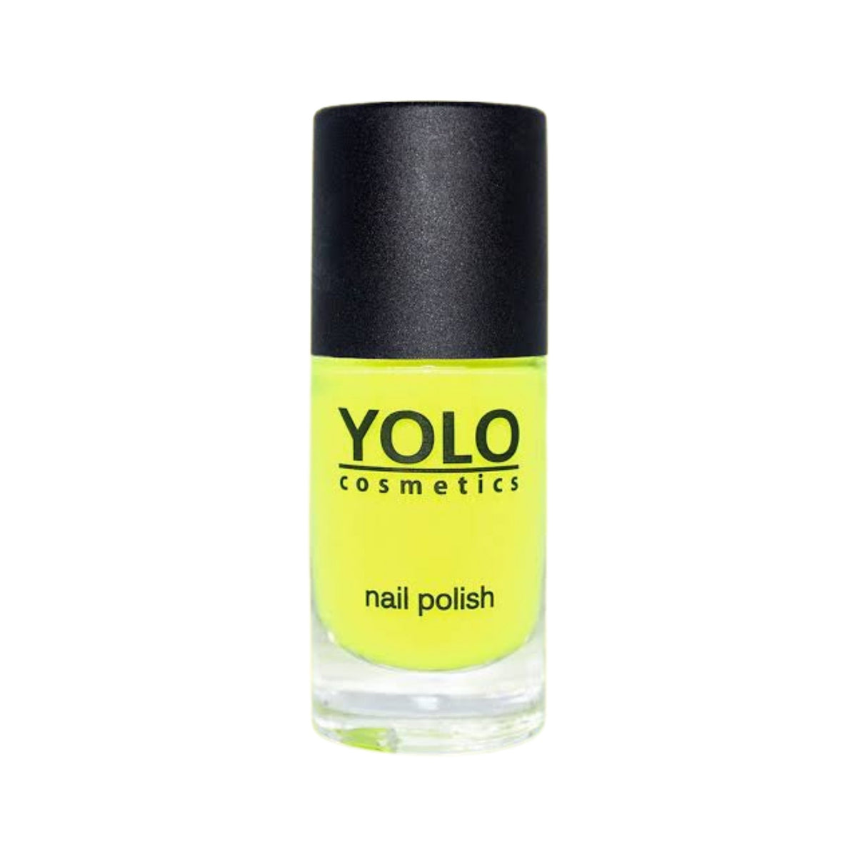 Refect Beauty Yolo neon yellow nail polish in a clear glass bottle with a black cap for a vibrant glossy finish.