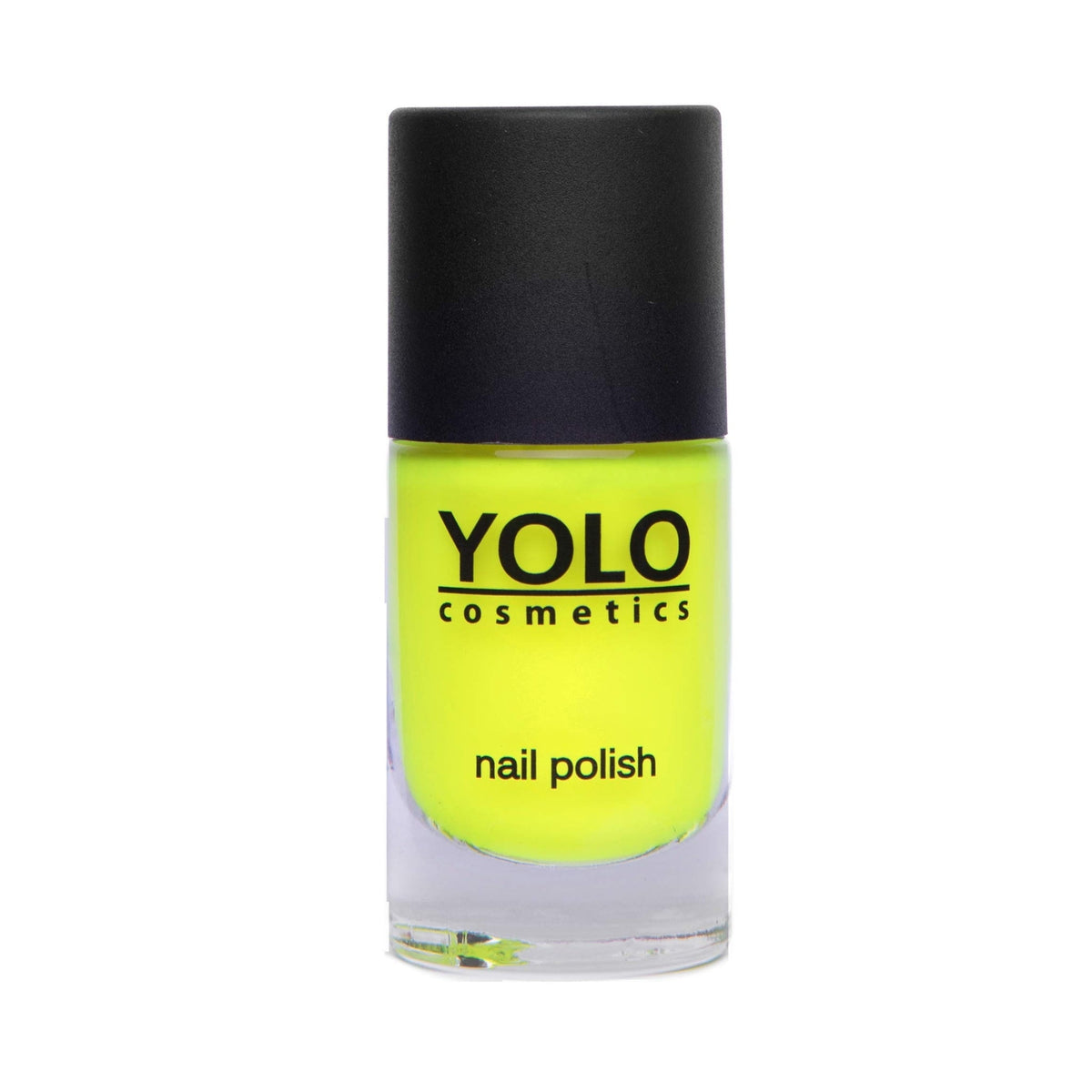 Refect Beauty Yolo Nail Polish in a vibrant neon yellow creamy formula with a black cap in a glass bottle. 195