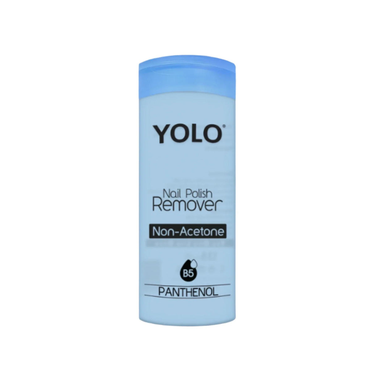 Refect Beauty Yolo non-acetone nail polish remover bottle with panthenol in a light blue cylinder container. Main image