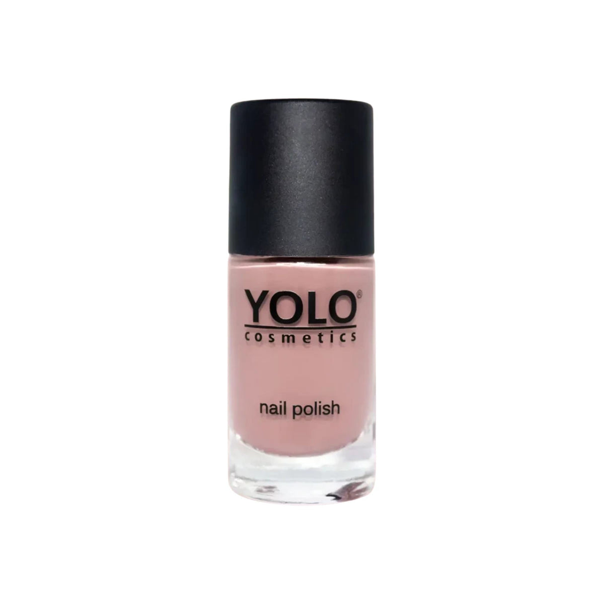 Refect Beauty Yolo nail polish in a soft nude pink shade with a high-gloss finish in a glass bottle.