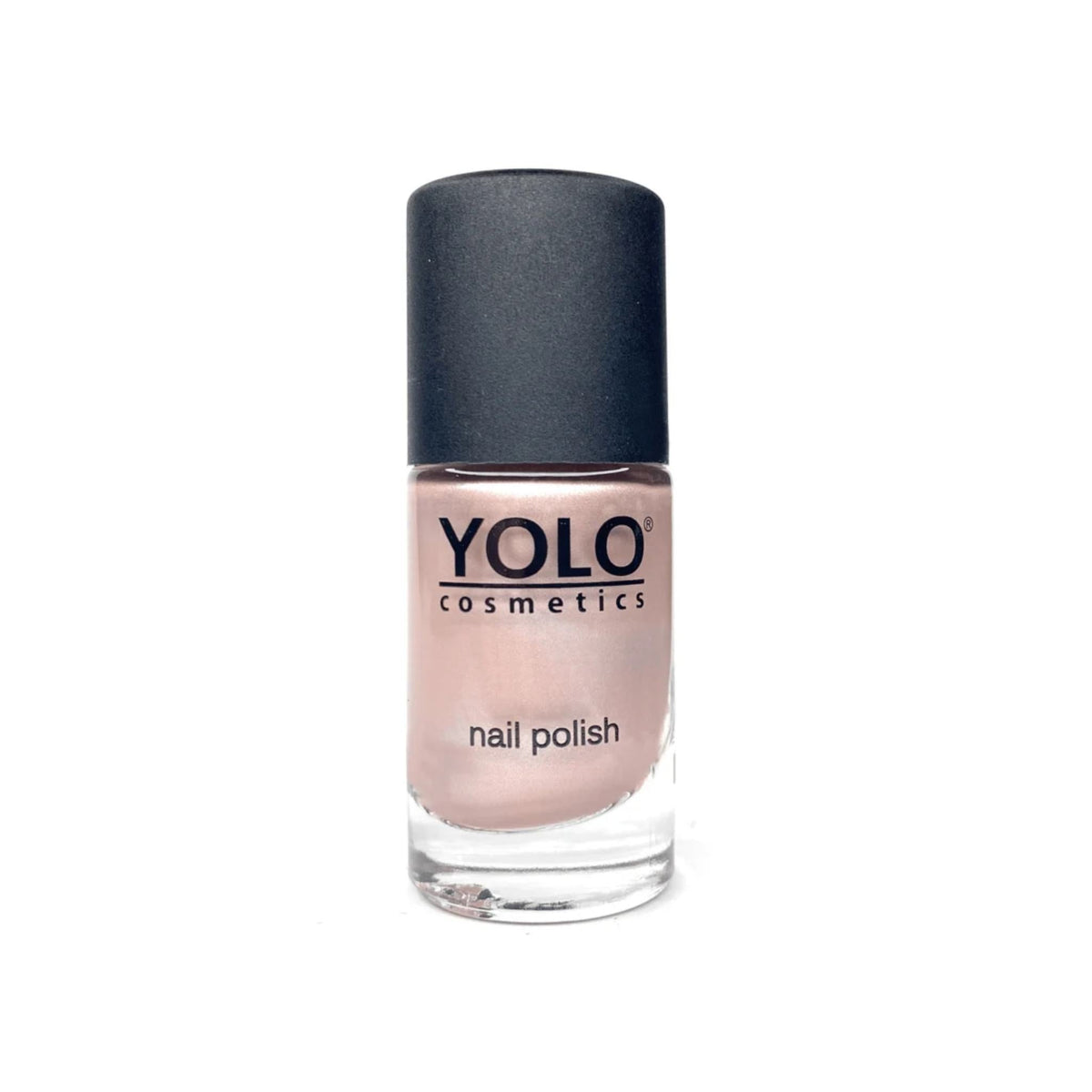 Refect Beauty Yolo nail polish in a soft metallic nude shade with a high-gloss finish in a clear glass bottle.